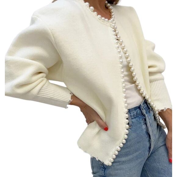 Cream Pearl Trim Knit Cardigan Sweater – Commense Size XL - Picture 6 of 7